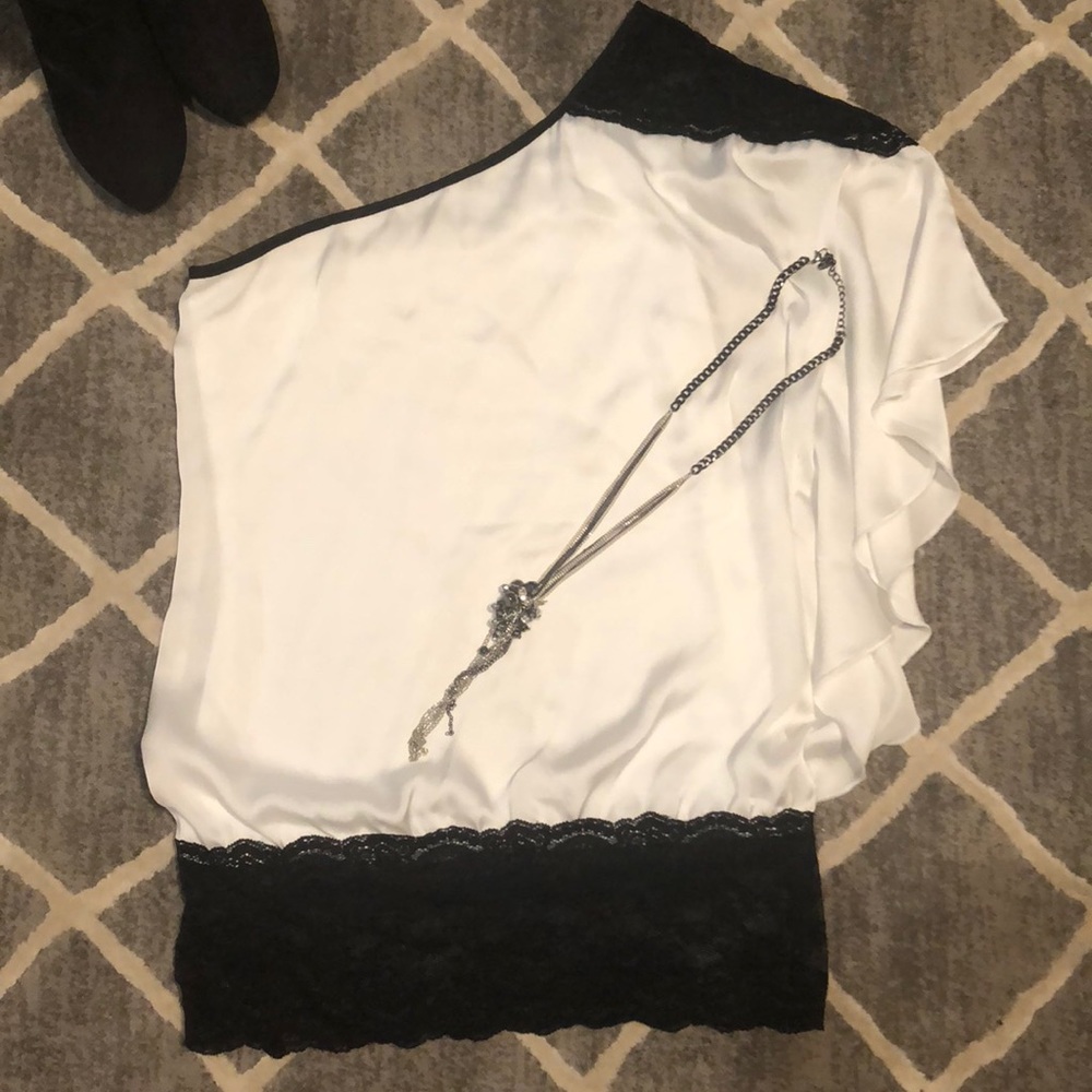 S silky white and lace black one shoulder top